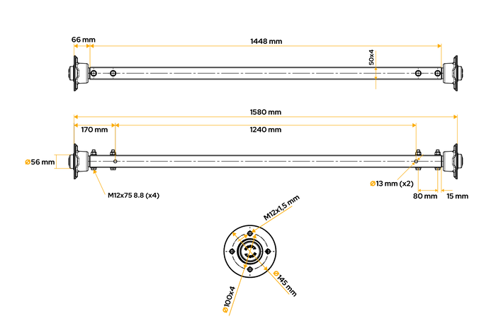 KNOTT VR7 nebrzděná tuhá náprava s pružinou pro přívěs 750 kg 1240 mm 1580 mm 4x100