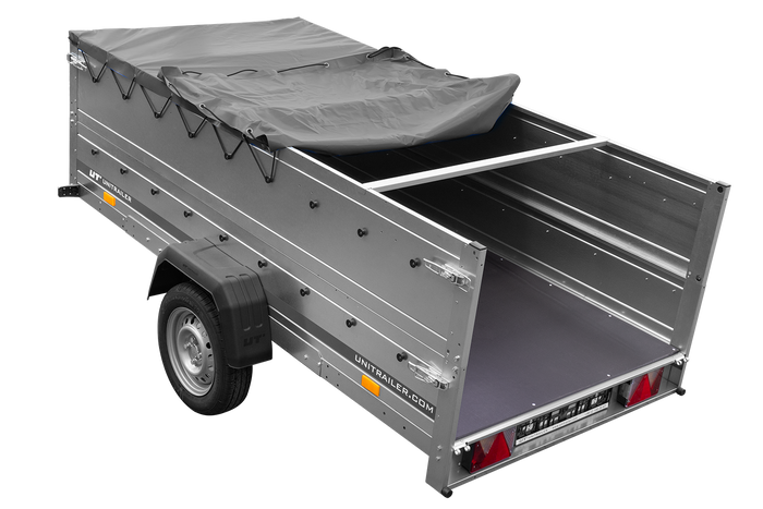 Jednonápravový přívěs na pružinách 264x125 UNITRAILER GARDEN 264/R KIPP s bočnicemi BIS, rámem H-0 a šedou plachtou