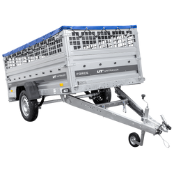 Jednonápravový přívěs na pružinách 264x125 UNITRAILER FORCE 264/R KIPP s pletivovými bočnicemi, rámem H-0 a modrou plachtou