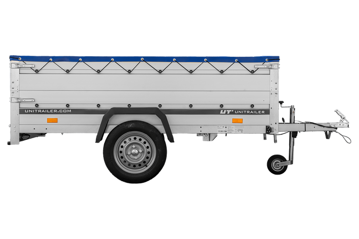 Jednonápravový přívěs s hliníkovými bočnicemi 230x125 Unitrailer Garden 230 KIPP ALU s bočnicemi BIS, rámem H-0 a modrým krytem