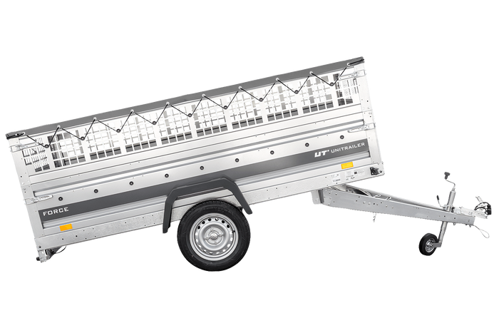 Jednonápravový přívěs 264x125 UNITRAILER FORCE 264 KIPP s pletivovými bočnicemi, rámem H-0 a šedým krytem