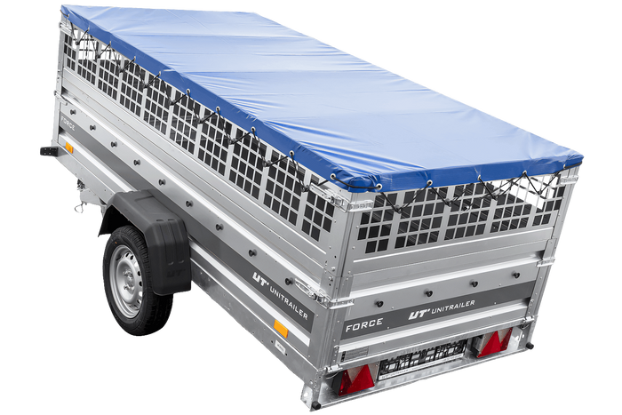 Jednonápravový přívěs 264x125 UNITRAILER FORCE 264 KIPP s pletivovými bočnicemi, rámem H-0 a modrým krytem