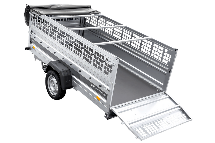 Jednonápravový přívěs na pružinách 264x125 UNITRAILER FORCE 264/R KIPP s pletivovými bočnicemi, rámem H-0 a šedou plachtou