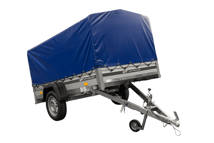 Jednonápravový přívěs s hliníkovými bočnicemi 230x125 Unitrailer Garden 230 KIPP ALU s rámem H-800 a modrým krytem
