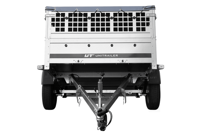 Přívěs za auto na pružinách 200x125 UNITRAILER GARDEN 201/R KIPP s pletivovými bočnicemi, rámem H-0 a šedým krytem