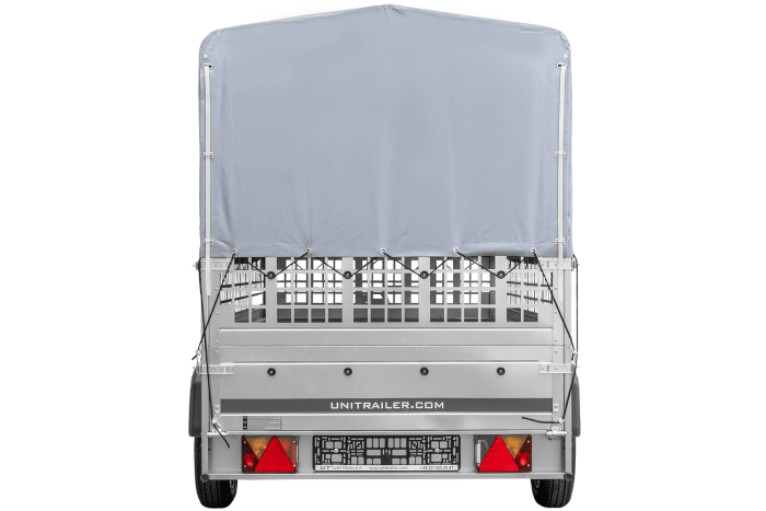 Přívěs za auto na pružinách 264x125 UNITRAILER GARDEN 264/R KIPP s pletivovými bočnicemi, rámem H-800 a šedým krytem