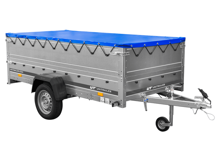 Jednonápravový přívěs na pružinách 264x125 UNITRAILER GARDEN 264/R KIPP s bočnicemi BIS, rámem H-0 a modrou plachtou