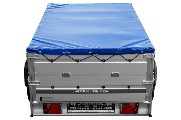 Jednonápravový přívěs s hliníkovými bočnicemi 230x125 Unitrailer Garden 230 KIPP ALU s bočnicemi BIS, rámem H-0 a modrým krytem