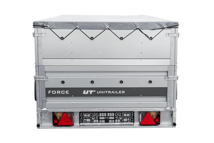 Jednonápravový přívěs na pružinách 264x125 UNITRAILER FORCE 264/R KIPP s bočnicemi BIS, rámem H-0 a šedou plachtou