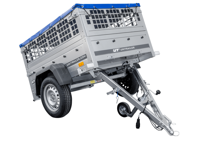 Přívěs Garden Trailer 150 KIPP s síťovanými bočnicemi a modrou plachtou