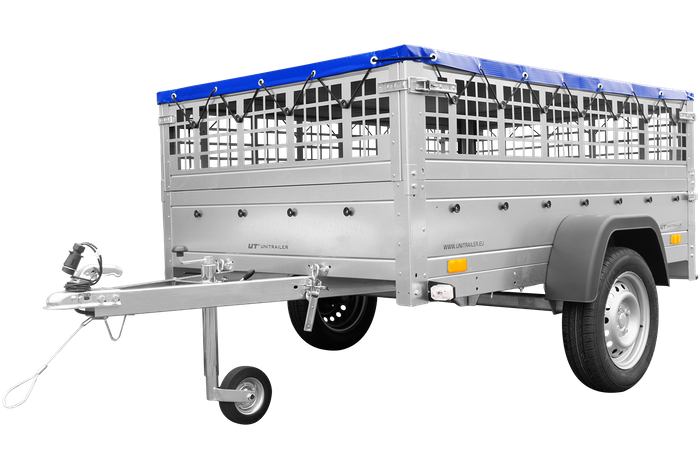 Jednonápravový přívěs 200x125 UNITRAILER GARDEN 201 KIPP s pletivovými bočnicemi, rámem H-0 a modrou plachtou