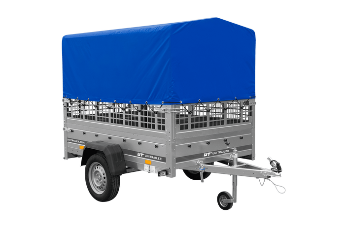 Přívěs za auto 200x125 UNITRAILER GARDEN 201 KIPP s pletivovými bočnicemi, rámem H-800 a šedou plachtou