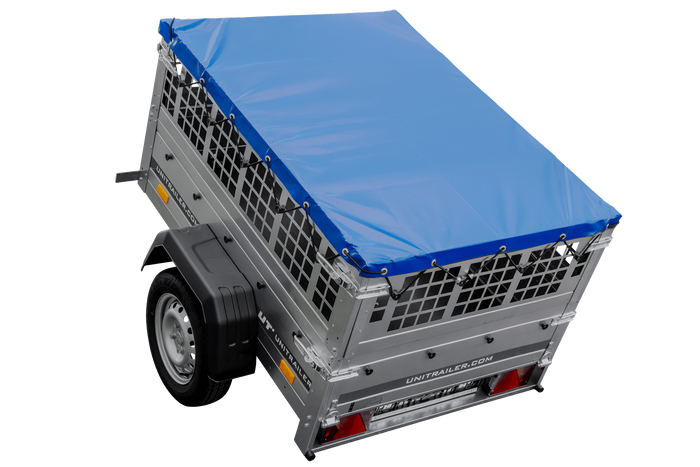 Přívěs za auto 150x106 UNITRAILER GARDEN 150 KIPP s pletivovými bočnicemi a modrým krytem