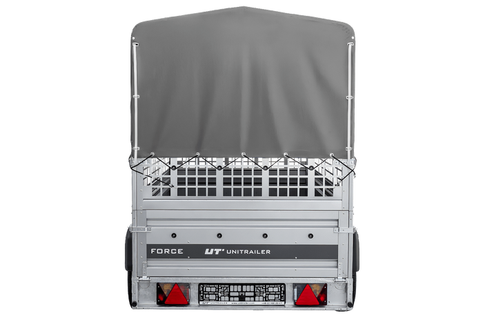 Přívěs za auto na pružinách 264x125 UNITRAILER FORCE 264/R KIPP s pletivovými bočnicemi, rámem H-800 a šedým krytem