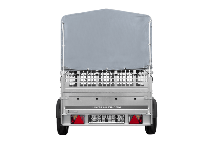 Jednonápravový přívěs na pružinách 200x125 UNITRAILER GARDEN 201/R KIPP s pletivovými bočnicemi, rámem H-800 a šedým krytem