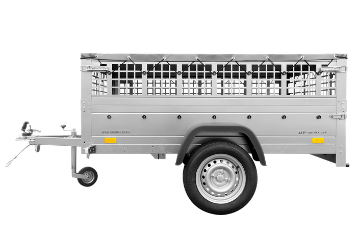 Jednonápravový přívěs 200x125 UNITRAILER GARDEN 201 KIPP s pletivovými bočnicemi a šedou plachtou