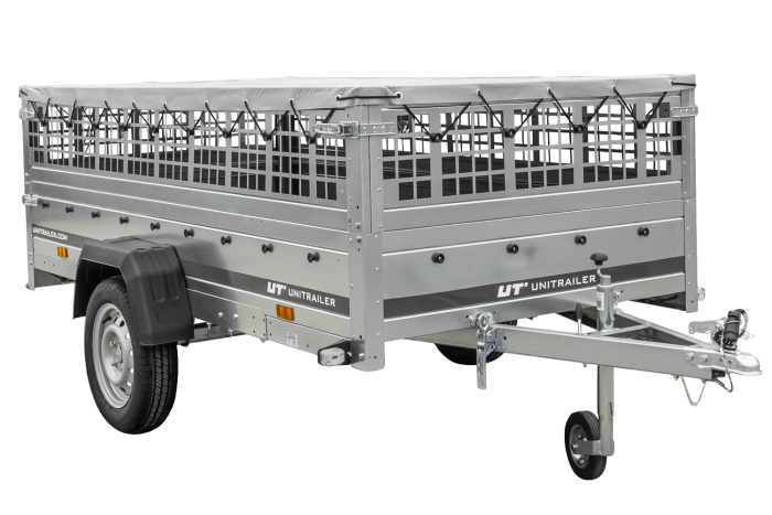 Jednonápravový přívěs na pružinách 264x125 UNITRAILER GARDEN 264/R KIPP s pletivovými bočnicemi, rámem H-0 a šedou plachtou