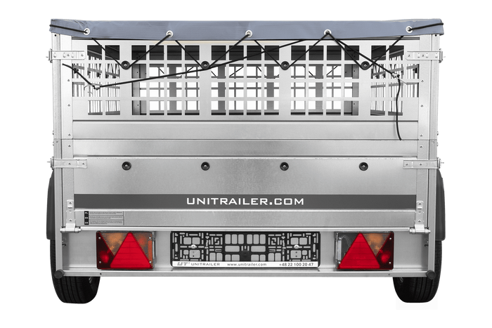 Přívěs za auto na pružinách 200x125 UNITRAILER GARDEN 201/R KIPP s pletivovými bočnicemi, rámem H-0 a šedým krytem