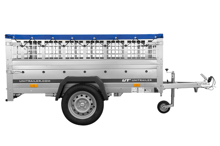 Přívěs za auto na pružinách 200x125 UNITRAILER GARDEN 201/R KIPP s pletivovými bočnicemi, rámem H-0 a modrým krytem