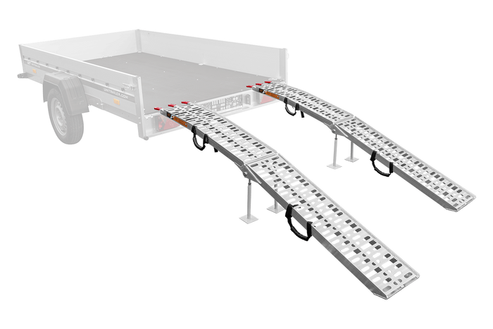 Skládací hliníkové rampy UNITRAILER ALR003 pro přívěsy 221 cm 680 kg s popruhem a podpěrou, sada 2 ks