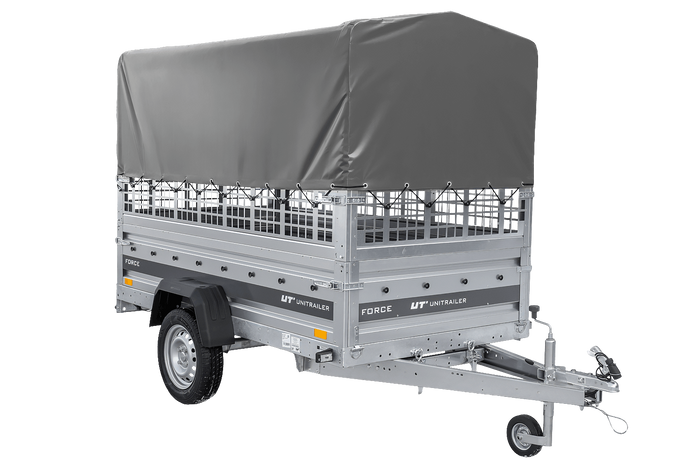 Jednonápravový přívěs 230x125 UNITRAILER FORCE 230 KIPP s pletivovými bočnicemi, rámem H-800 a šedým krytem