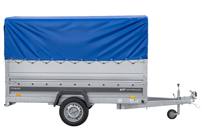Lehký přívěs na pružinách 264x125 UNITRAILER FORCE 264/R KIPP s bočnicemi BIS, rámem H-800 a modrým krytem