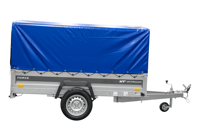 Přívěs za auto na pružinách 230x125 UNITRAILER FORCE 230/R KIPP s rámem H-800 a modrým krytem