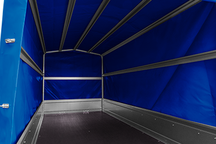 Przyczepka dwuosiowa 264x125 UNITRAILER GARDEN 264/2 KIPP ze stelażem H-1100 i plandeką niebieską