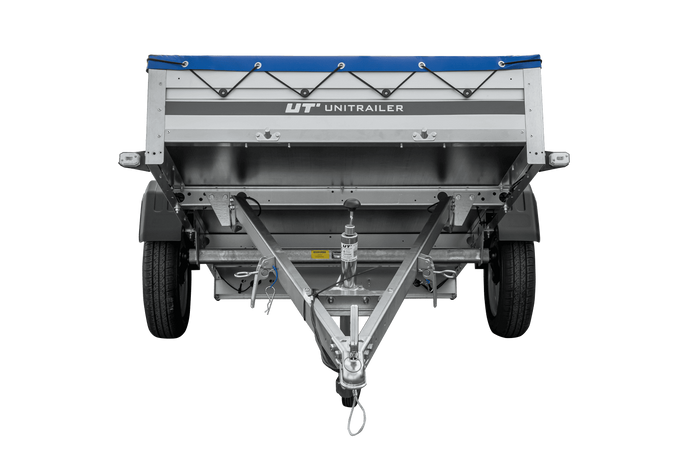 Jednonápravový přívěs s hliníkovými bočnicemi 230x125 Unitrailer Garden 230 KIPP ALU s rámem H-0 a modrým krytem