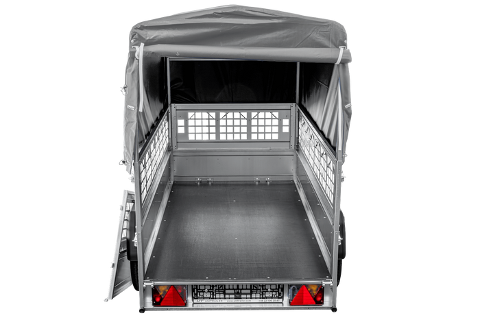 Přívěs za auto 200x106 UNITRAILER GARDEN 200 KIPP s pletivovými bočnicemi, rámem H-800 a šedým krytem