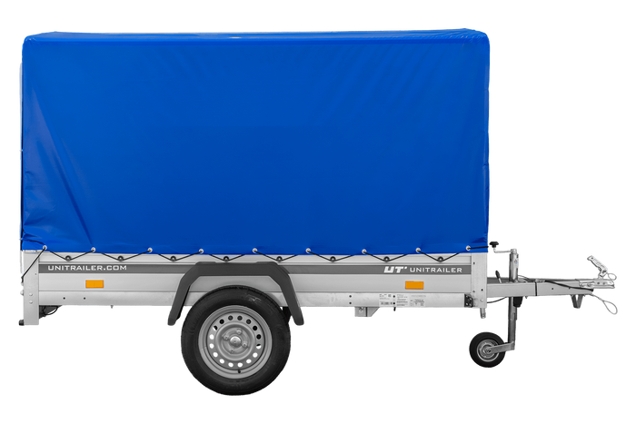Přívěs za auto s hliníkovými bočnicemi 230x125 Unitrailer Garden 230 KIPP ALU s rámem H1100 a modrým krytem