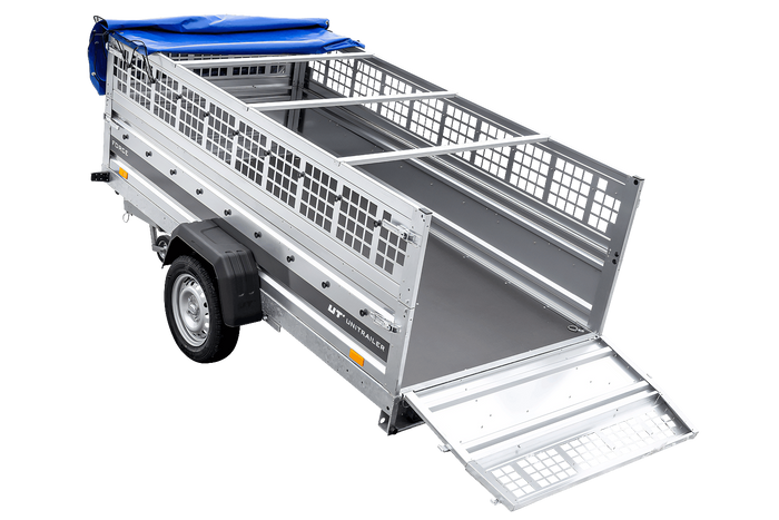 Jednonápravový přívěs na pružinách 264x125 UNITRAILER FORCE 264/R KIPP s pletivovými bočnicemi, rámem H-0 a modrou plachtou