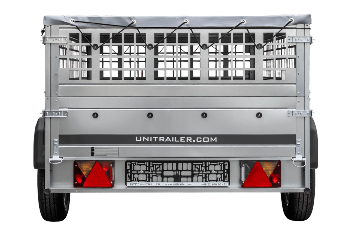 Lehký přívěs na pružinách 230x125 UNITRAILER GARDEN 230/R KIPP s pletivovými bočnicemi, rámem H-0 a šedým krytem