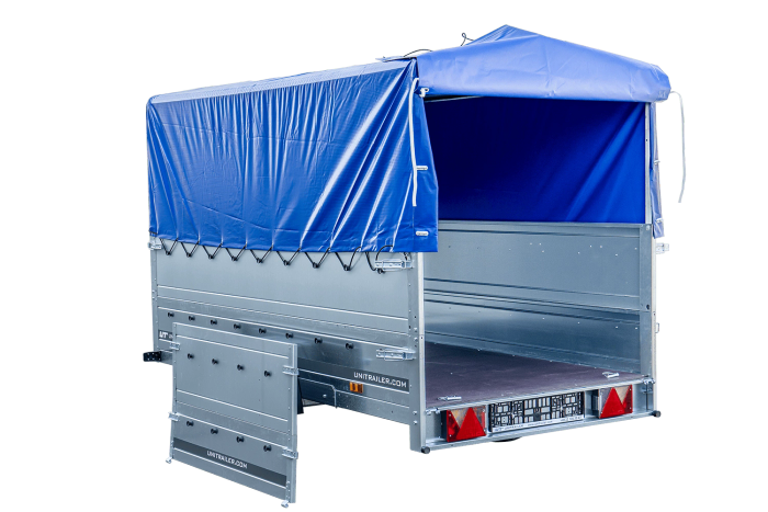 Přívěs za auto na pružinách 264x125 UNITRAILER GARDEN 264/R KIPP s bočnicemi BIS, rámem H-800 a modrým krytem