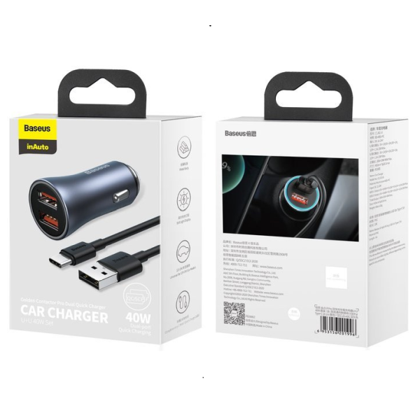 Sada nabíječky do auta BASEUS Golden Pro 2xUSB 40W + USB kabel