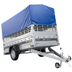 Přívěs za auto na pružinách 264x125 UNITRAILER FORCE 264/R KIPP s pletivovými bočnicemi, rámem H-800 a modrým krytem