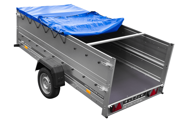 Jednonápravový přívěs na pružinách 264x125 UNITRAILER GARDEN 264/R KIPP s bočnicemi BIS, rámem H-0 a modrou plachtou