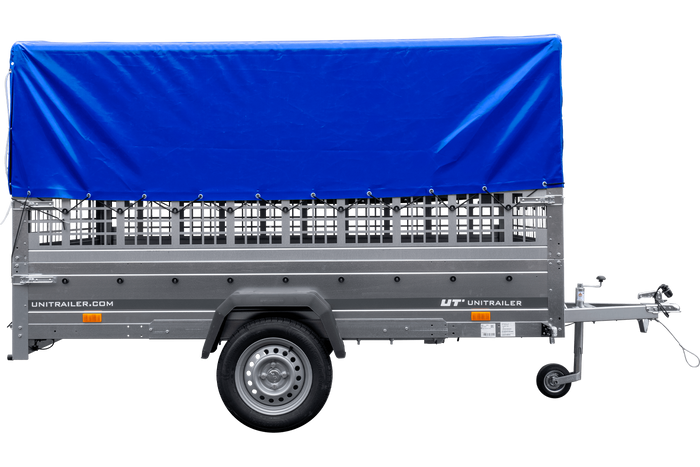 Přívěs za auto 264x150 UNITRAILER GARDEN 265 KIPP se síťovanými bočnicemi, rámem H-800 a modrým krytem