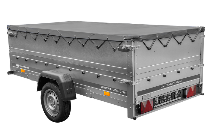 Jednonápravový přívěs na pružinách 264x125 UNITRAILER GARDEN 264/R KIPP s bočnicemi BIS, rámem H-0 a šedou plachtou