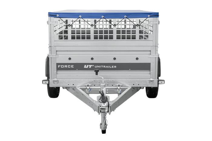 Jednonápravový přívěs 230x125 UNITRAILER FORCE 230 KIPP s pletivovými bočnicemi, rámem H-0 a modrým krytem