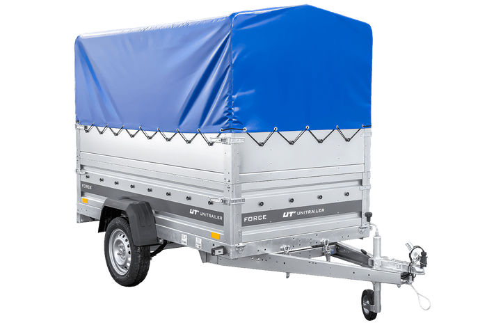 Jednonápravový přívěs na pružinách 230x125 UNITRAILER FORCE 230/R KIPP s bočnicemi BIS, rámem H-800 a modrým krytem