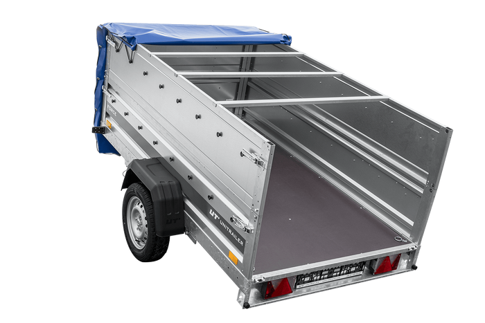 Přívěs za auto na pružinách 230x125 UNITRAILER FORCE 230/R KIPP s bočnicemi BIS, rámem H-0 a modrým krytem