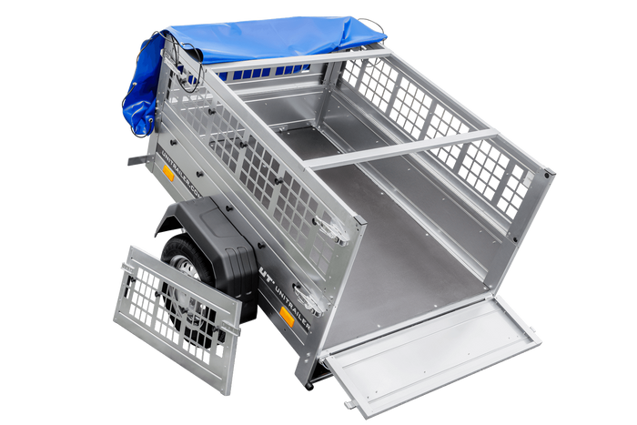 Přívěs za auto 150x106 UNITRAILER GARDEN 150 KIPP s pletivovými bočnicemi a modrým krytem