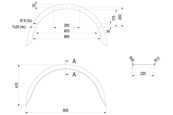 Sada dvou blatníků pro přívěs 15-16" DE HAAN HR 2280, podběhy 800/220mm