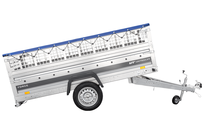 Jednonápravový přívěs 264x125 UNITRAILER FORCE 264 KIPP s pletivovými bočnicemi, rámem H-0 a modrým krytem