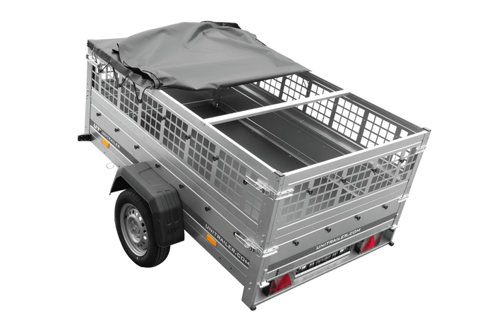 Přívěs za auto 200x125 UNITRAILER GARDEN 201 KIPP s pletivovými bočnicemi, rámem H-0 a šedým krytem