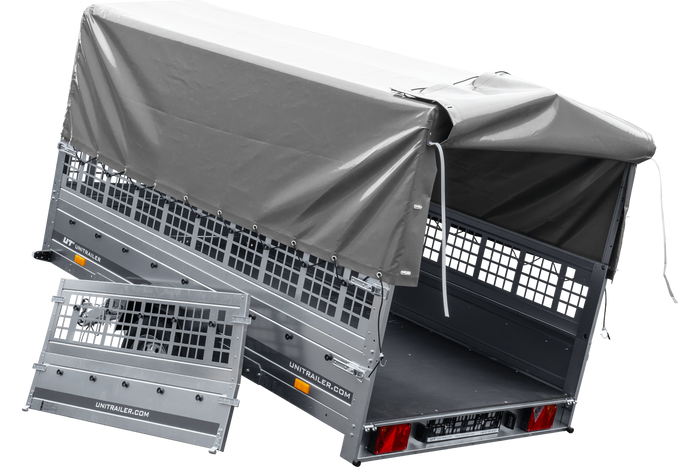 Přívěs za auto 264x150 UNITRAILER GARDEN 265 KIPP se síťovanými bočnicemi, rámem H-800 a šedým potahem