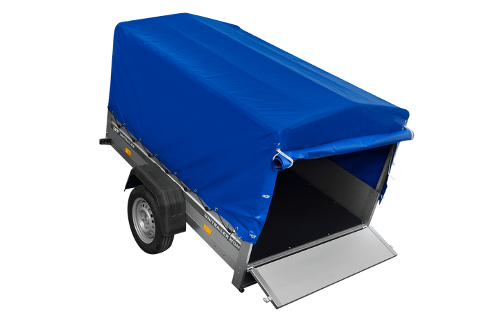 Jednonápravový přívěs s hliníkovými bočnicemi 200x125 Unitrailer Garden 201 KIPP ALU s rámem H-800 a modrým krytem