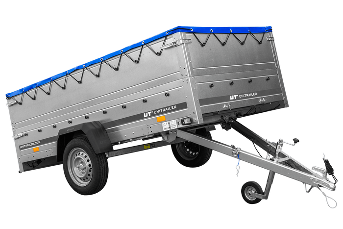Jednonápravový přívěs na pružinách 264x125 UNITRAILER GARDEN 264/R KIPP s bočnicemi BIS, rámem H-0 a modrou plachtou