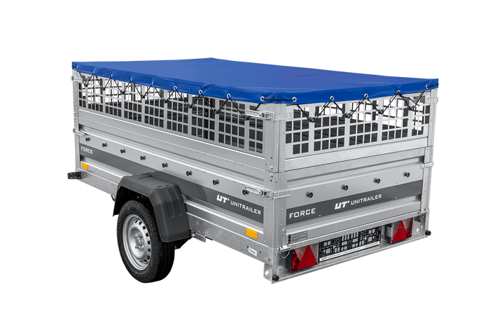Lehký přívěs na pružinách 230x125 UNITRAILER FORCE 230/R KIPP s pletivovými bočnicemi, rámem H-0 a modrým krytem